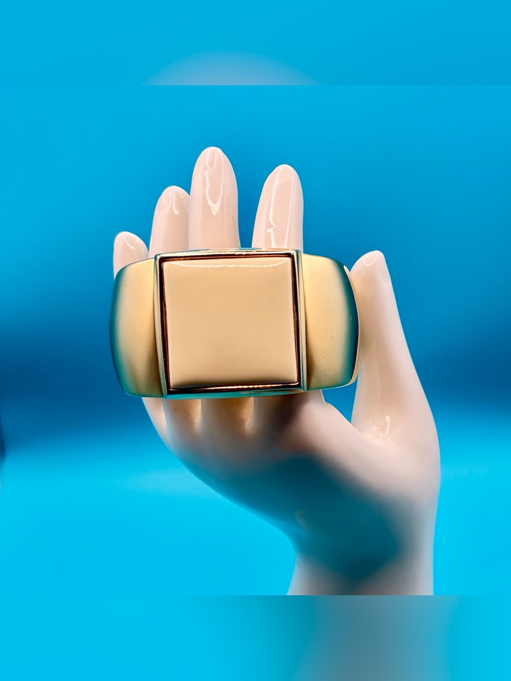AVON Gold Tone Wide Cuff Bracelet Cream Lucite Inset, 6.5”-7.5”
